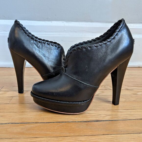Ugg Leather Booties Black Stiletto Shearling Ankle Boots Sherpa Heel Jamsion 6 - Picture 1 of 16